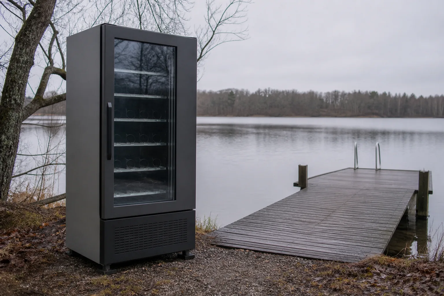 Samma typ av glassautomat vid en tom badplats en grå höstdag, med kala träd, en öde brygga och automatens display släckt