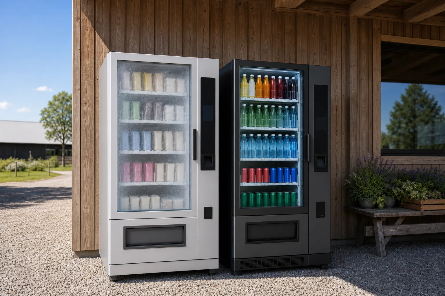 En frysautomat med immig glasruta och en kylautomat med tydliga hyllor av drycker, uppställda sida vid sida utanför en gårdsbutik i trä
