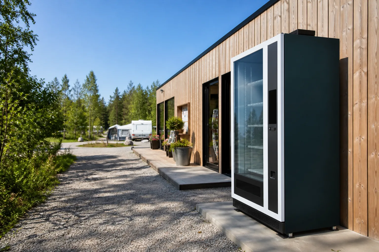 En frysautomat i mörkt utförande utanför en campingreceptions träfasad, med grusgång, tallskog och ett par husvagnar synliga i bakgrunden en klar sommardag