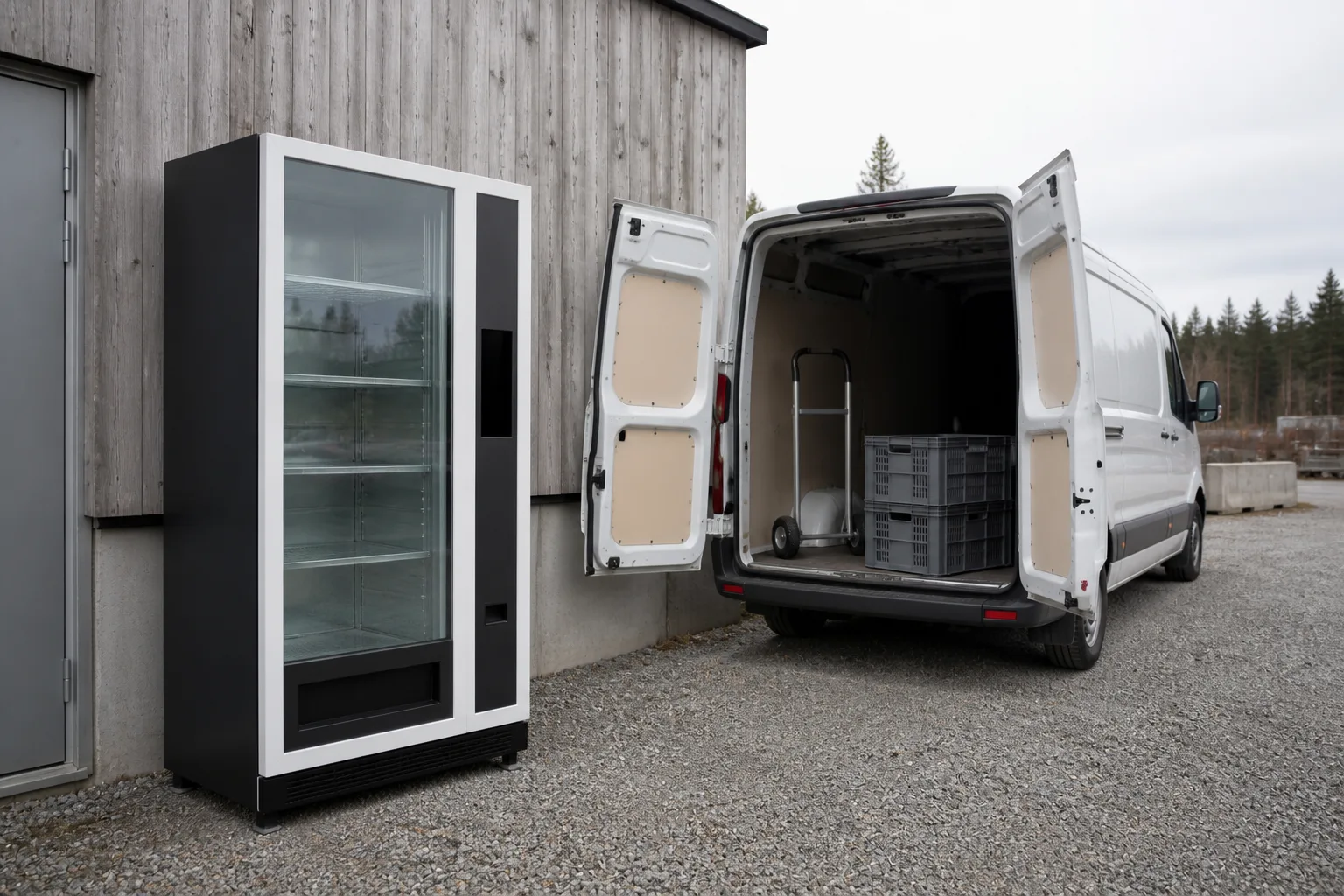 En frysautomat placerad utomhus intill en ljus servicebil med öppna baklucker, med staplade lådor och en kärra synliga i lastutrymmet