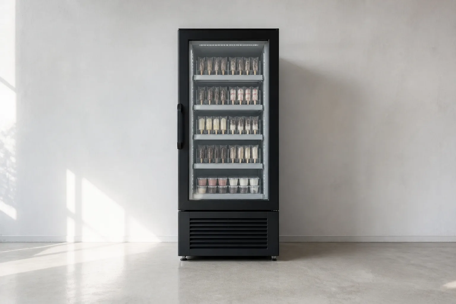 En fristående frysautomat i mörkt utförande sedd rakt framifrån mitt i ett ljust, tomt utrymme, med glassar synliga bakom glasdörren