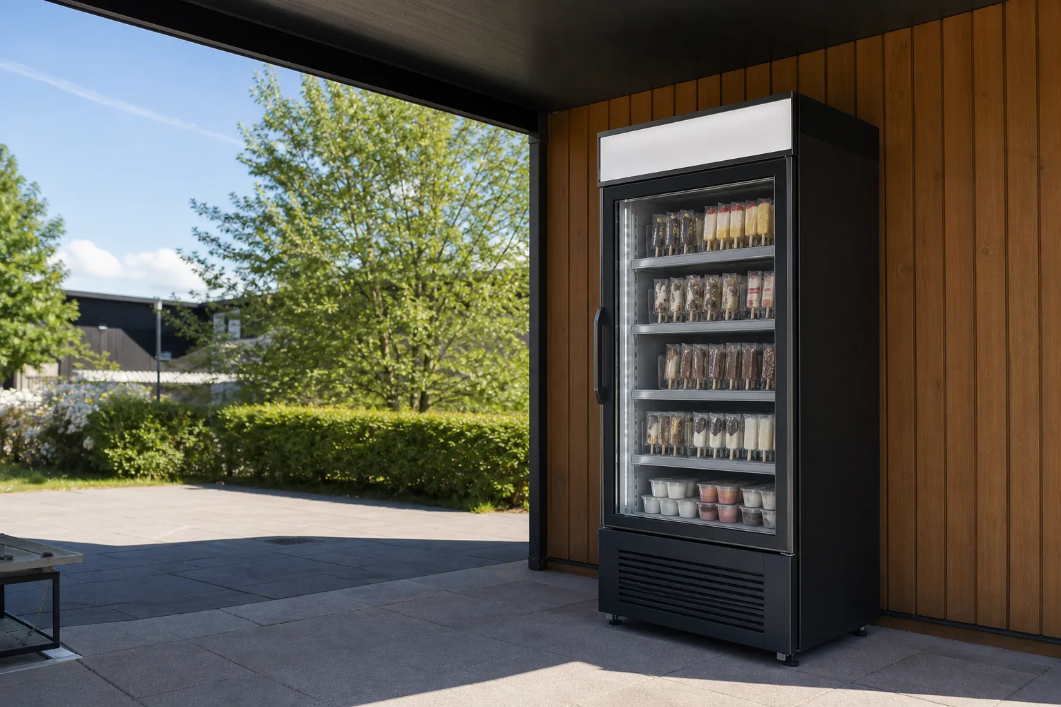 En glassautomat placerad i skugga under ett skärmtak mot en träfasad, med en solbelyst uteplats och grönska synlig utanför taket