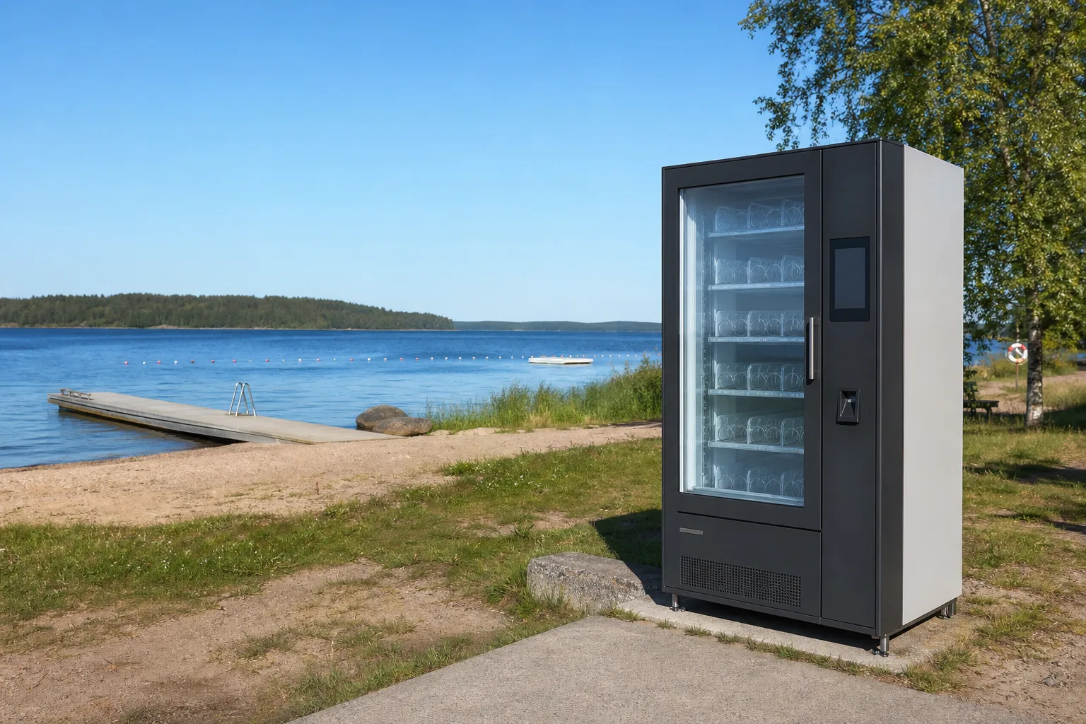 En glassautomat vid en badplats, med sandstrand, en brygga med badstege och sjön med en avgränsad simzon synlig i bakgrunden