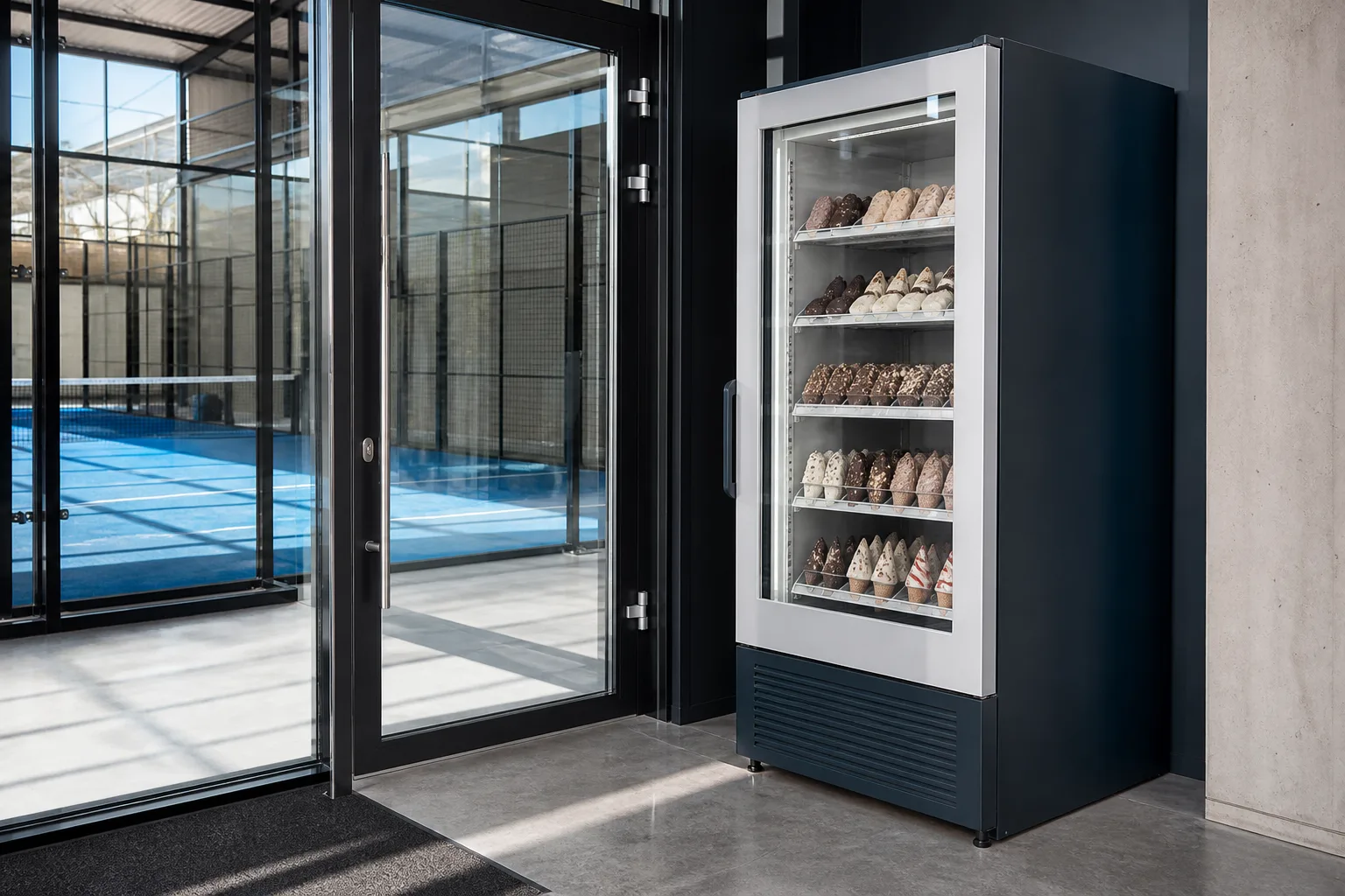 En glassautomat vid entrén till en padelhall, med en blå padelbana synlig genom glasdörrarna i bakgrunden