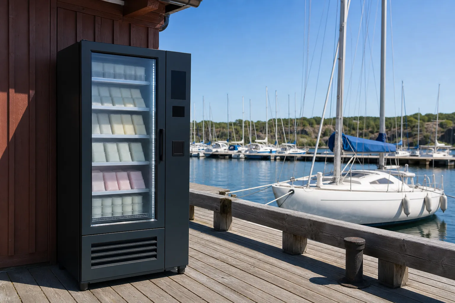 En glassautomat på en brygga i en gästhamn, med vitmålade segelbåtar och lugnt vatten synliga i bakgrunden