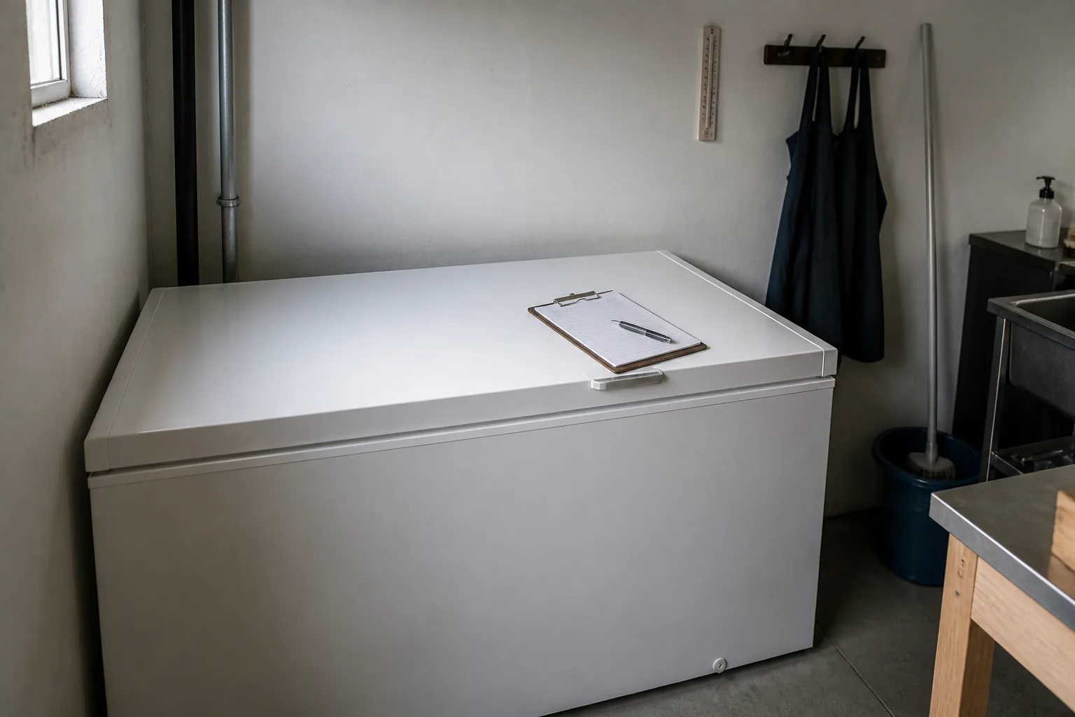 Ett anteckningsblock med en penna som ligger ovanpå en stängd frysbox i ett bakre personalutrymme, med en förkläde på en klädhängare och en städvagn skymtande i bakgrunden