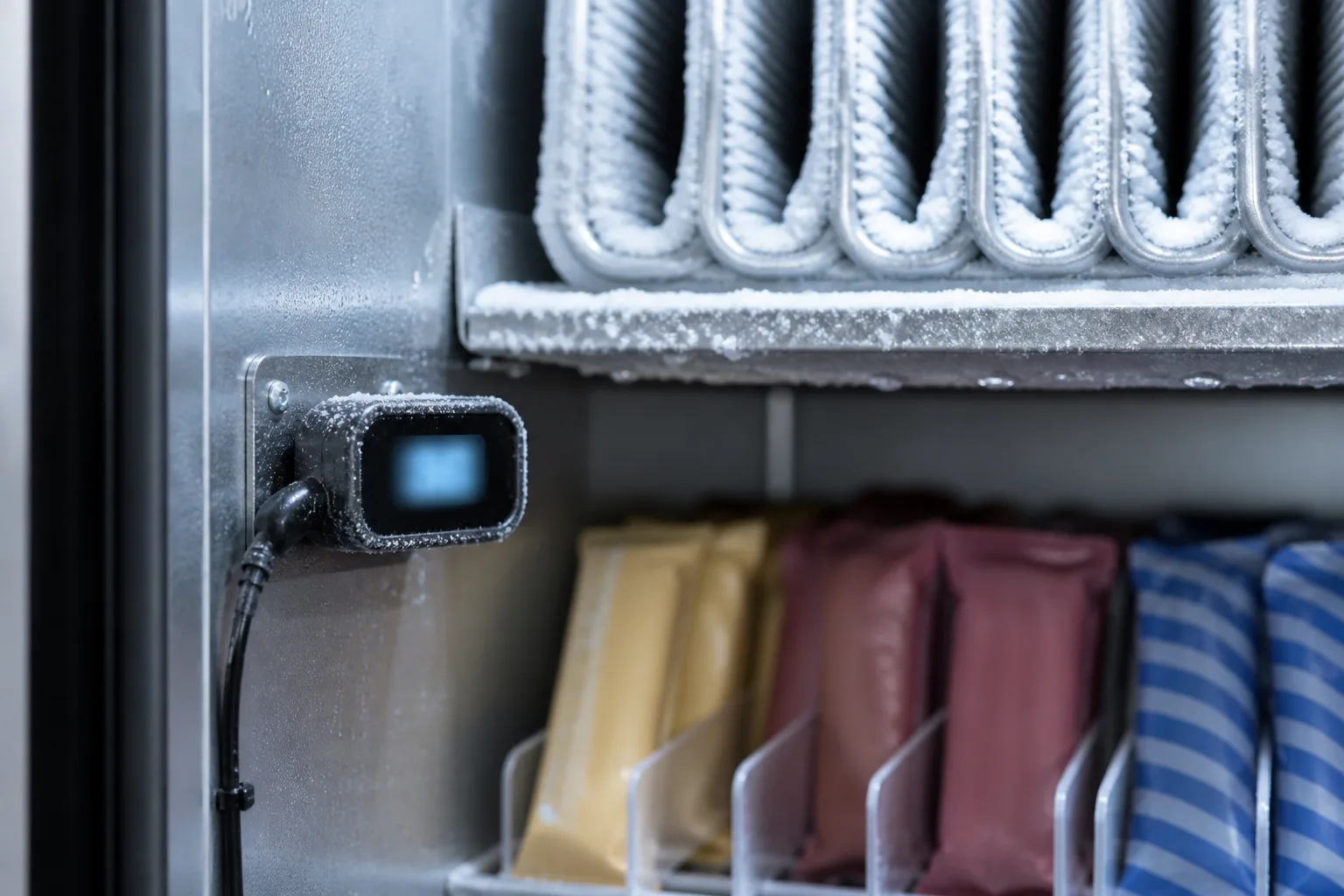 Termometergivare monterad inne i en öppen frysautomat, med frost på kylslingorna ovanför och suddigt synliga, omärkta glassförpackningar på hyllan nedanför