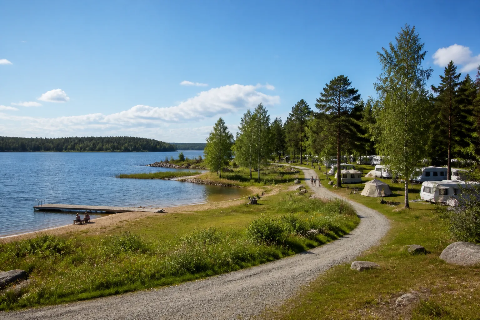 Vy över ett kustnära campingområde en sommardag, med tält och husvagnar bland björkar, en brygga ut i vattnet och några besökare på långt håll längs grusvägen