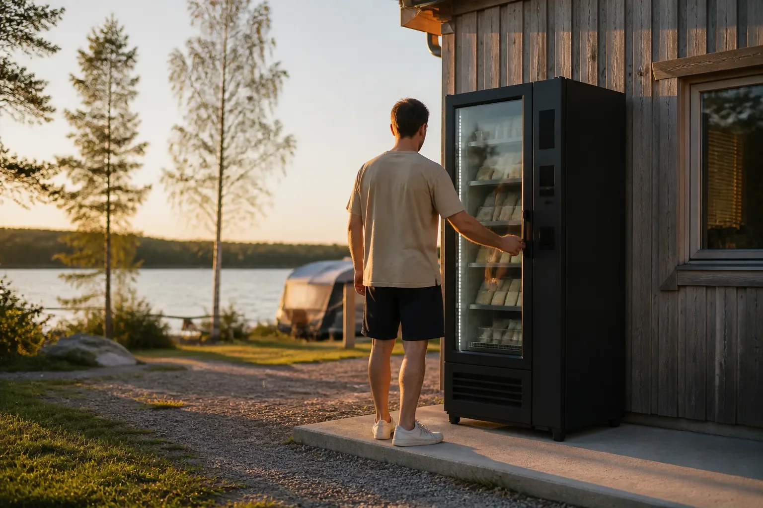 En person sedd bakifrån vid en frysautomat utomhus i varmt kvällsljus, med en husvagn och stillsamt vatten synliga i bakgrunden