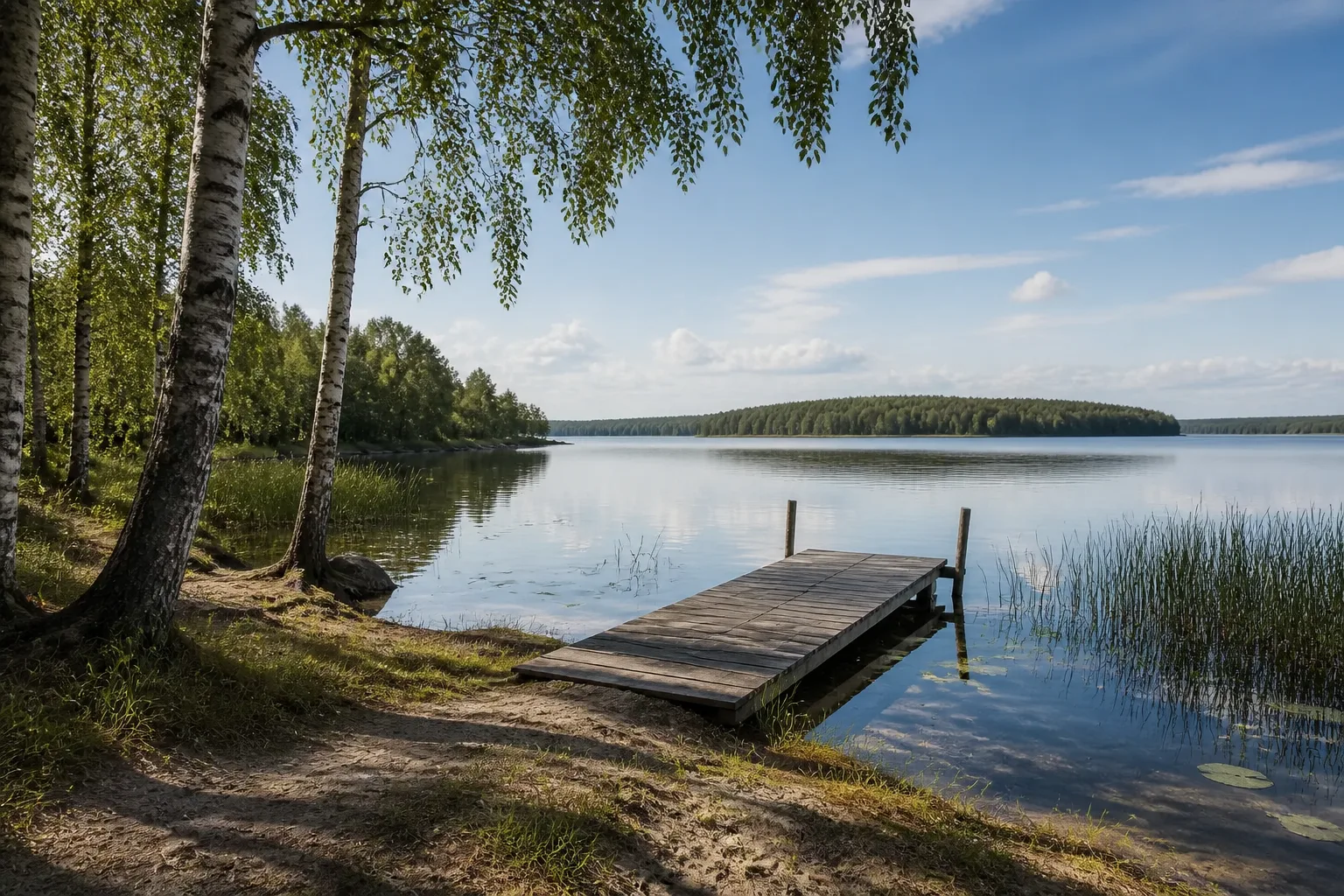 En lugn svensk sjövik en sommardag, med en enkel trädbrygga ut i stillsamt vatten, kantad av björkar och tät skog på andra sidan